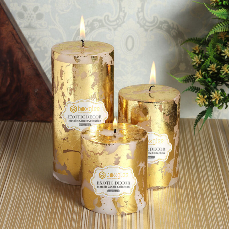 White Pillar Candle with Golden Foil Textured